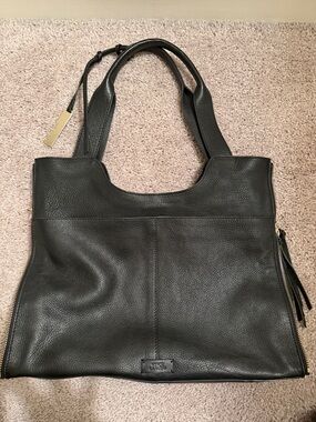 Vince Camuto Black Pebbled Leather Tote with Gold Accents